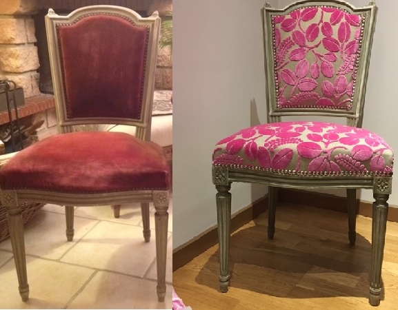 Adrom, formation tapisserie, relooking avant-après chaise Louis XVI