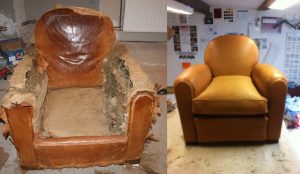 Adrom, formation tapisserie, avant-après fauteuil club