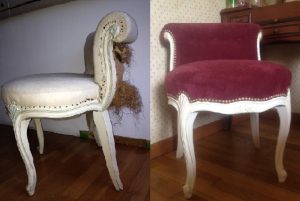 Adrom, formation tapisserie, avant-après pouf à coiffer